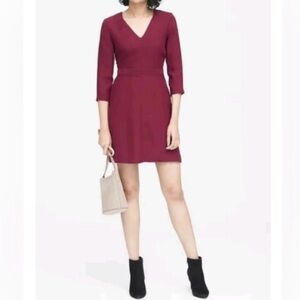 Banana Republic Burgundy V-Neck Fit Flare Dress 3/4 sleeve pocket SZ 10